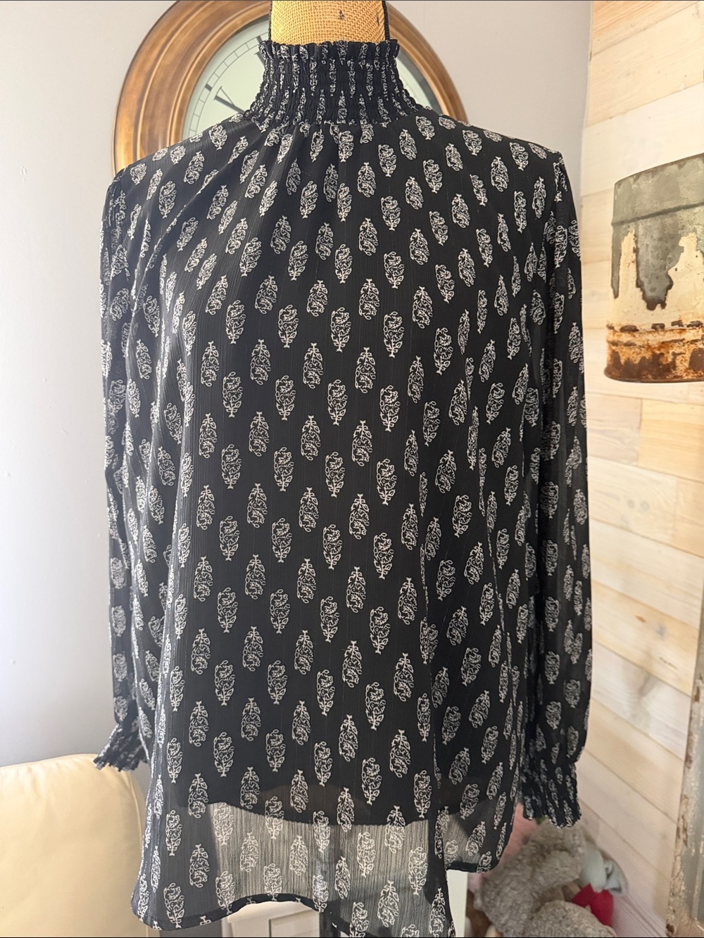 NY Collection Black Floral Smocked High-Neck Blouse